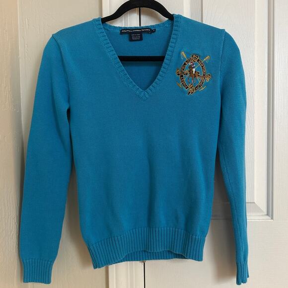 Vintage Ralph Lauren Sport Sweater V Neck Blue Crest Logo Cotton Knit Pullover - Picture 1 of 6